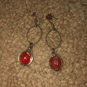 Red clear glass dangle beads pierced earrings